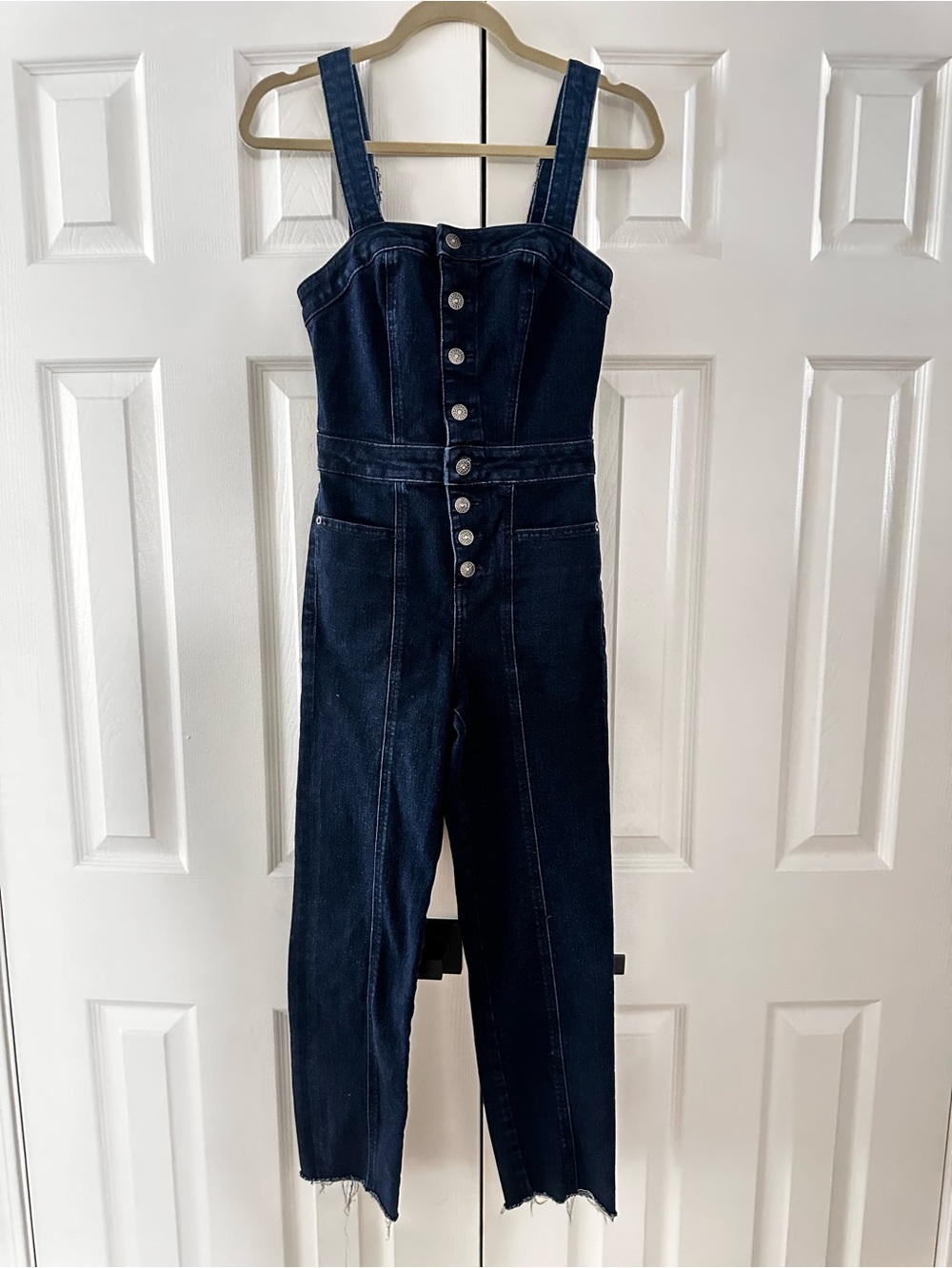 Express Size 00 Dark Wash Denim Jumpsuit Corset Button Front